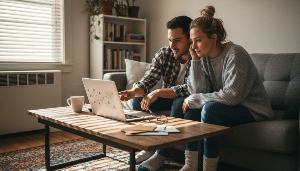 Couple searching people info on laptop at home